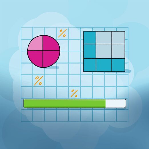 Rechnen-Grafiken auf blauem Hintergrund: mehrere Prozentzeichen, ein grüner Ladebalken und ein Tortendiagramm in pink.
