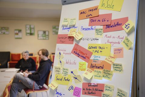 Im Vordergrund des Raumes steht eine Pinnwand mit Post-Its zu Ideen der Öffentlichkeitsarbeit. Im Hintergrund sitzen zwei Personen.