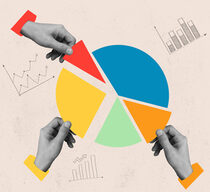 Grafik, ein buntes Tortendiagramm, aus denen Hände verschiedene Teile etwas rausziehen.
