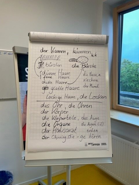 Begriffe stehen auf einem Flipchart