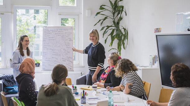 Frauen sitzen an einem Tisch und lernen gemeinsam mit zwei Kursleitungen, die an einem Flipchart stehen.