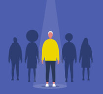 Fame. Male character standing on a stage under the light beam. Outstanding qualities. Skill. Talent. Flat editable vector illustration, clip art