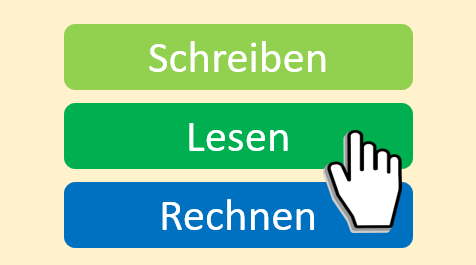 Auswahlbuttons Schreiben, Lesen und Rechnen. Ein Mauszeiger ist auf Lesen gerichtet.