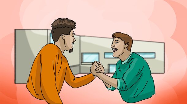 Illustration des Aufgabenheftes Schreiben. Zwei junge Männer begrüßen sich per Handschlag.
