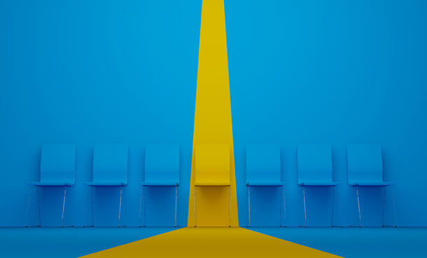 Outstanding chair in row. Yellow chair standing out from the crowd. Human resource management and recruitment business concept. 3d illustration