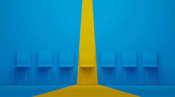 Outstanding chair in row. Yellow chair standing out from the crowd. Human resource management and recruitment business concept. 3d illustration