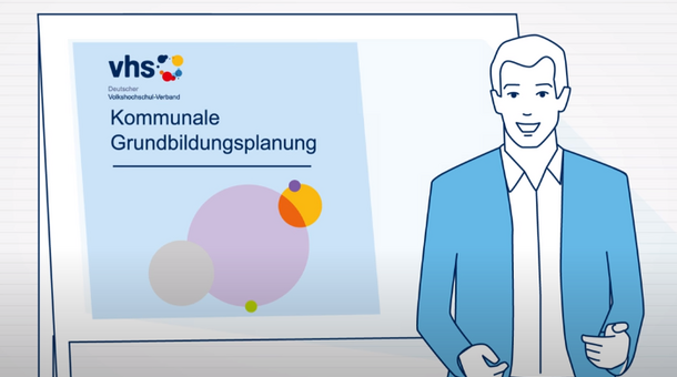 Standbild eines Videos über Folgen und Lösungsansätze von funktionalem Analphabetismus in Kommunen. Zu sehen ist eine Figur vor einer Tafel auf der steht: Kommunale Grundbildungsplanung.