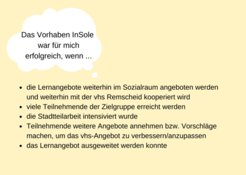 Auflistung der von Teilnehmenden genannten Faktoren für ein erfolgreiches Vorhaben vom Projekt InSole