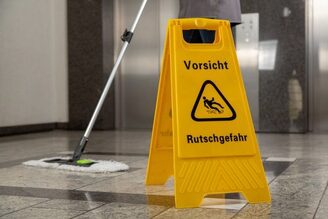 Gelbes Schild steht auf dem Boden mit dem Hinweis auf Rutschgefahr