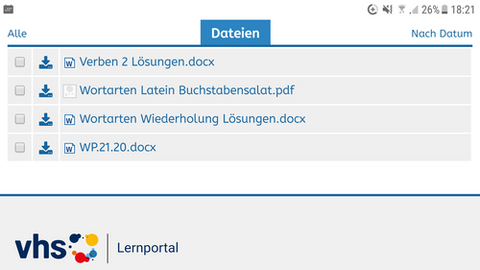 Screenshot aus dem vhs-Lernportal. Verschiedene Dateien sind zu sehen.