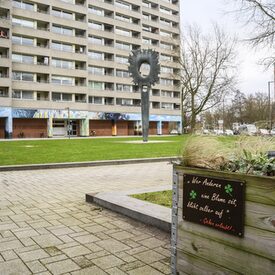 Im Vordergrund ist ein Hochbeet, im Hintergrund ein Hochhaus.